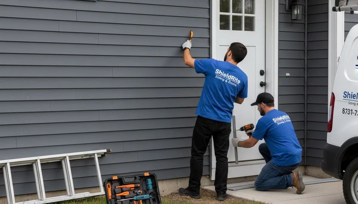 Technician repairing front entry door with vinyl siding in Buffalo, NY home exterior