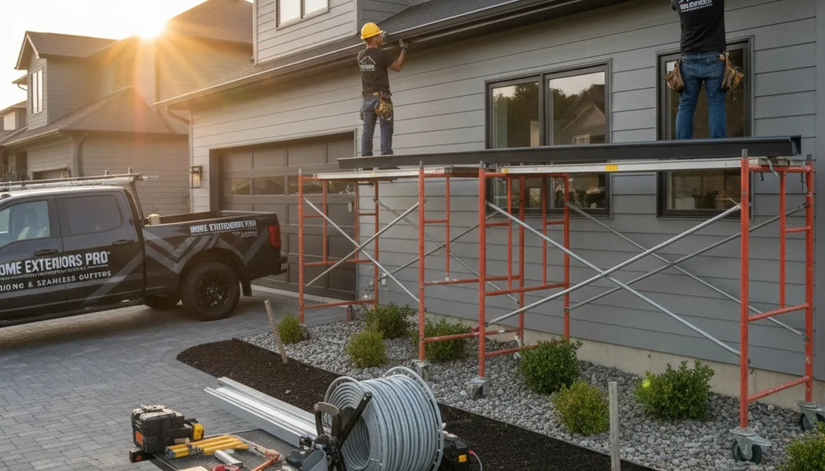 Seamless aluminum gutters installation on home exterior by vinyl siding experts in Buffalo, NY