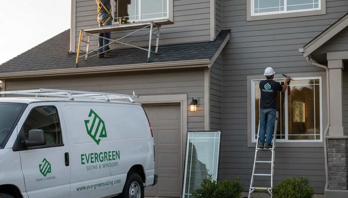 Technician repairing vinyl window frame at Buffalo NY home by Next Level Exteriors